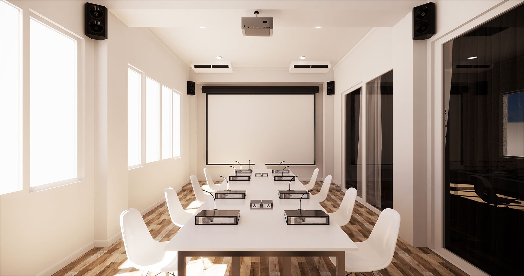 Modern conference room in San Mateo County with a projector, screen, and seating for nine, including commercial cleaning.