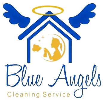 Logo of "blue angels cleaning service" from San Mateo County in the bay area, featuring an outline of a house with wings, a halo, and office cleaning inside.