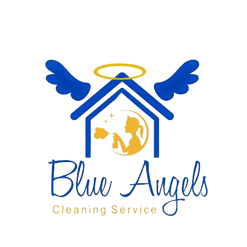 Logo of blue angels cleaning service featuring an illustration of a house with angel wings and a halo, inside a circular frame in the San Francisco Bay Area, San Mateo County.